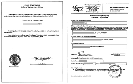 怀俄明州有限责任公司成立证书和组织章程